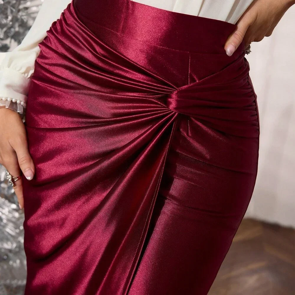 Burgundy Elegant Women's Knitted Stretch Satin Fabric Twist Pleat Wrap Skirt